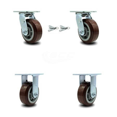 SERVICE CASTER 5 Inch Polyurethane Caster Set with Roller Bearings 2 Swivel Lock 2 Rigid SCC SCC-30CS520-PPUR-BSL-2-R-2